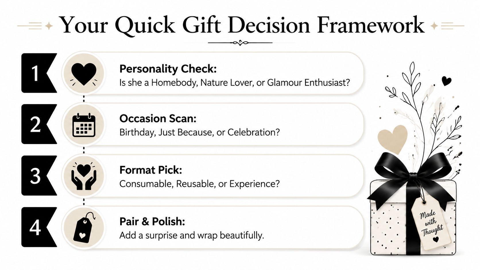 A four step infographic titled Your Quick Gift Decision Framework to help select thoughtful presents for women.