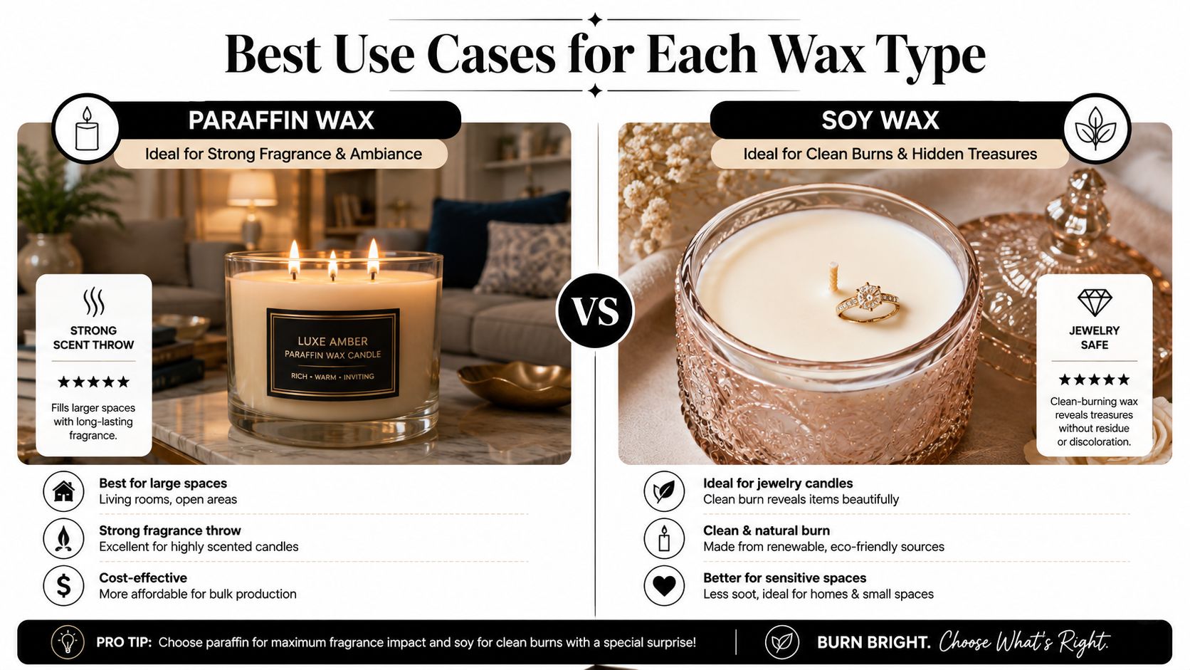 A comparison infographic between paraffin wax and soy wax candles highlighting their specific use cases and benefits.