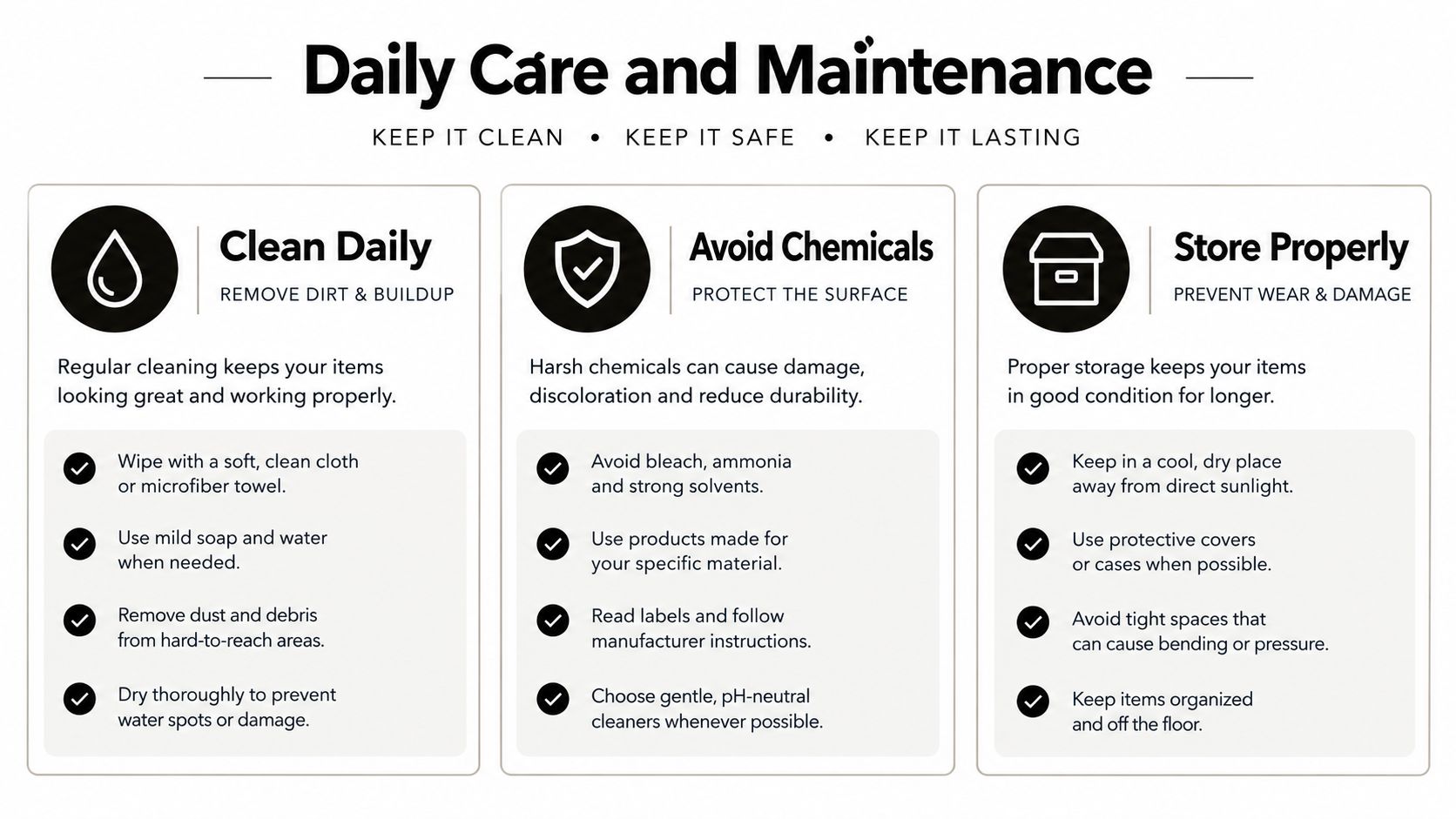 An infographic titled Daily Care and Maintenance providing guidelines for cleaning, chemical avoidance, and proper storage of items.