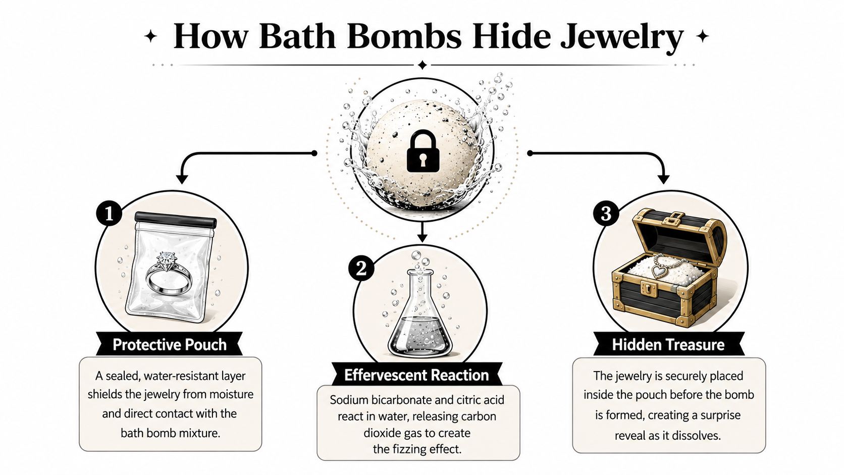 An infographic illustrating how bath bombs with jewelry inside work through a protective pouch, reaction, and reveal.