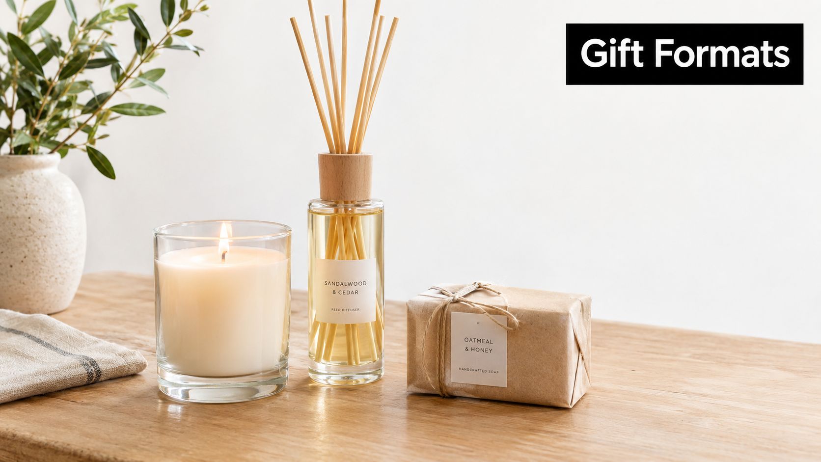 A reed diffuser, a lit candle, and a wrapped soap bar arranged on a wooden table.