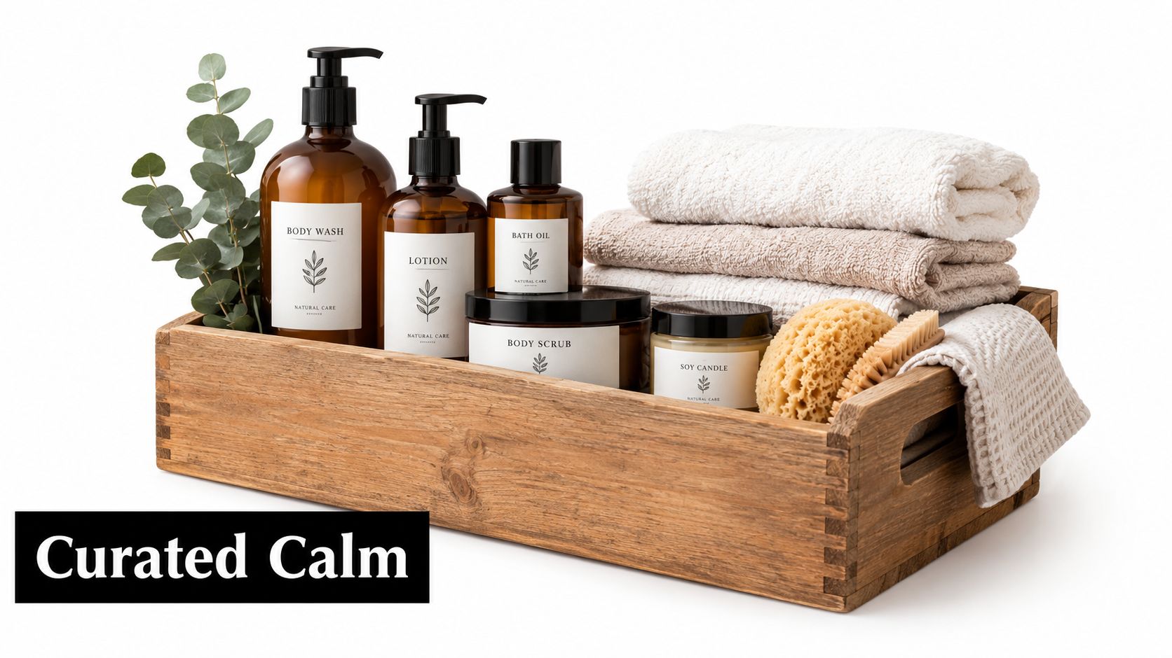 A wooden crate filled with spa products, including lotions, body wash, bath oil, candles, and soft towels.
