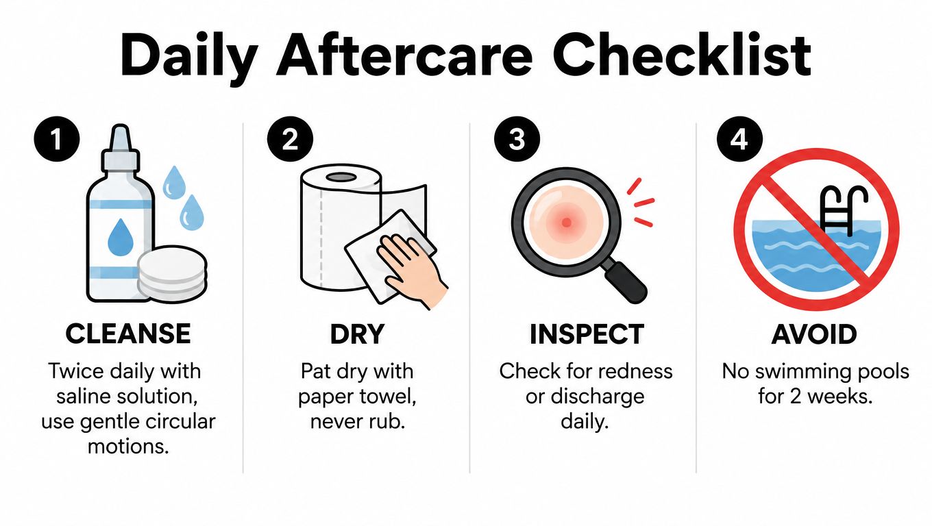 A four-step daily aftercare checklist illustration for a piercing including cleansing, drying, inspecting, and avoiding pools.