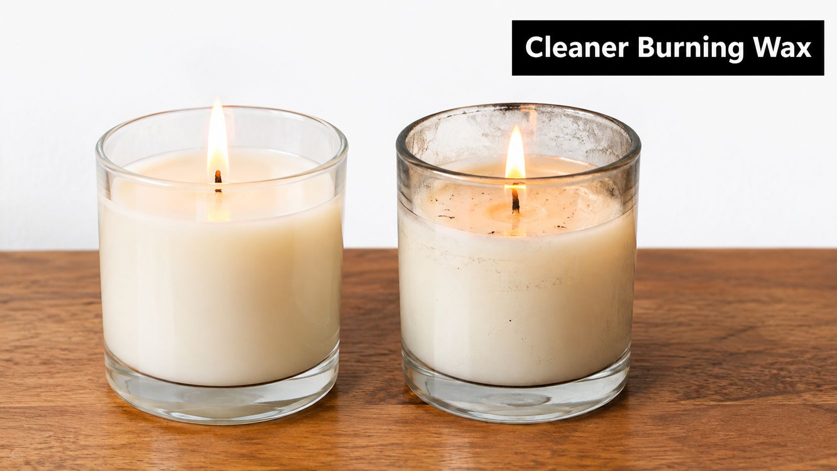 Two lit candles in glass jars sitting side by side on a wooden surface with a clean burn.