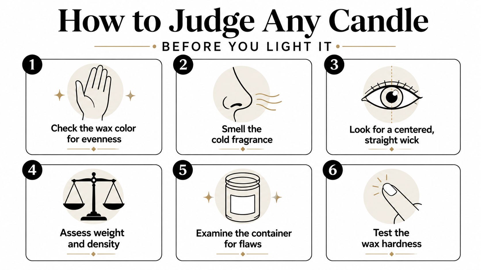 A six-step infographic guide titled How to Judge Any Candle Before You Light It with illustrated icons.