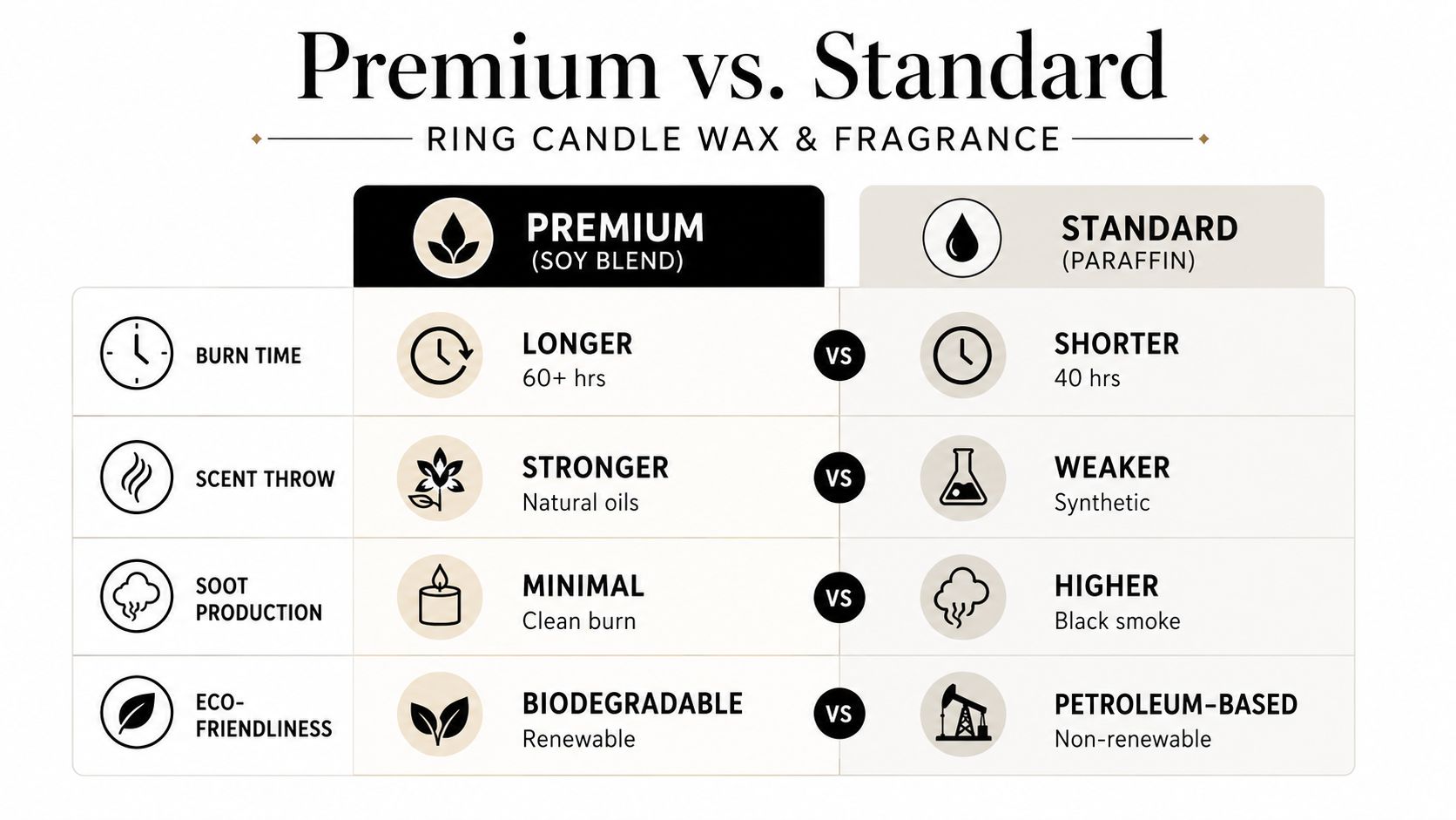 A comparison chart showing benefits of premium soy blend candles over standard paraffin wax candles.
