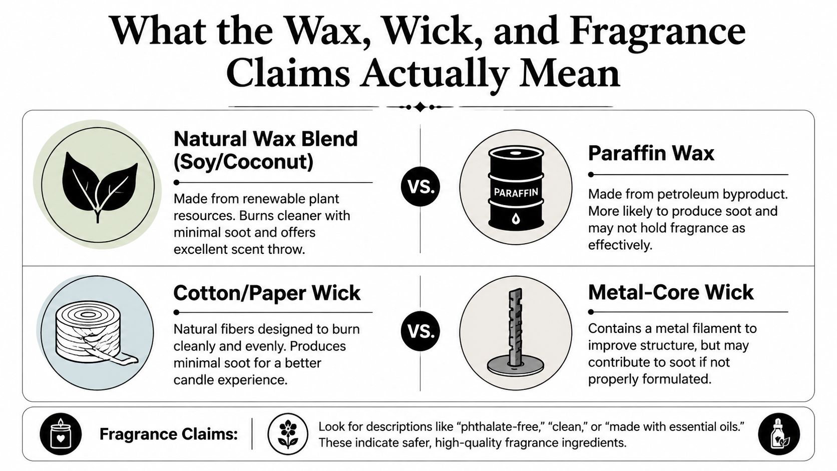 A comparison chart explaining the differences between natural waxes and wicks versus paraffin and metal-core options.
