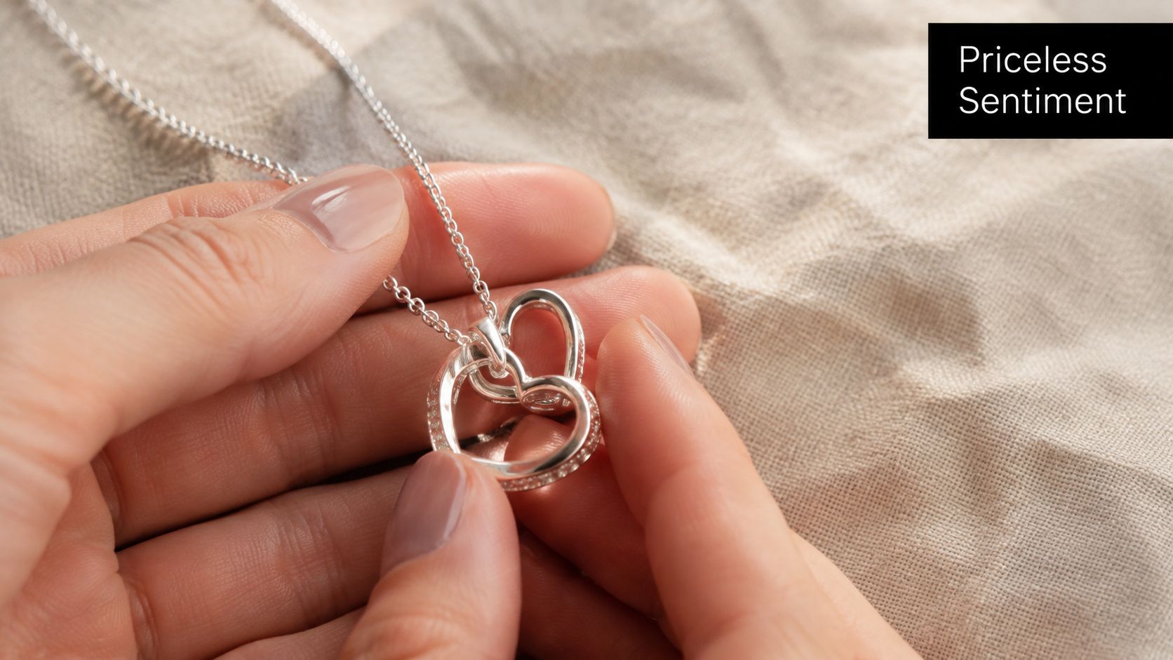 A pair of hands gently holding an elegant silver double heart pendant necklace against a beige fabric background.