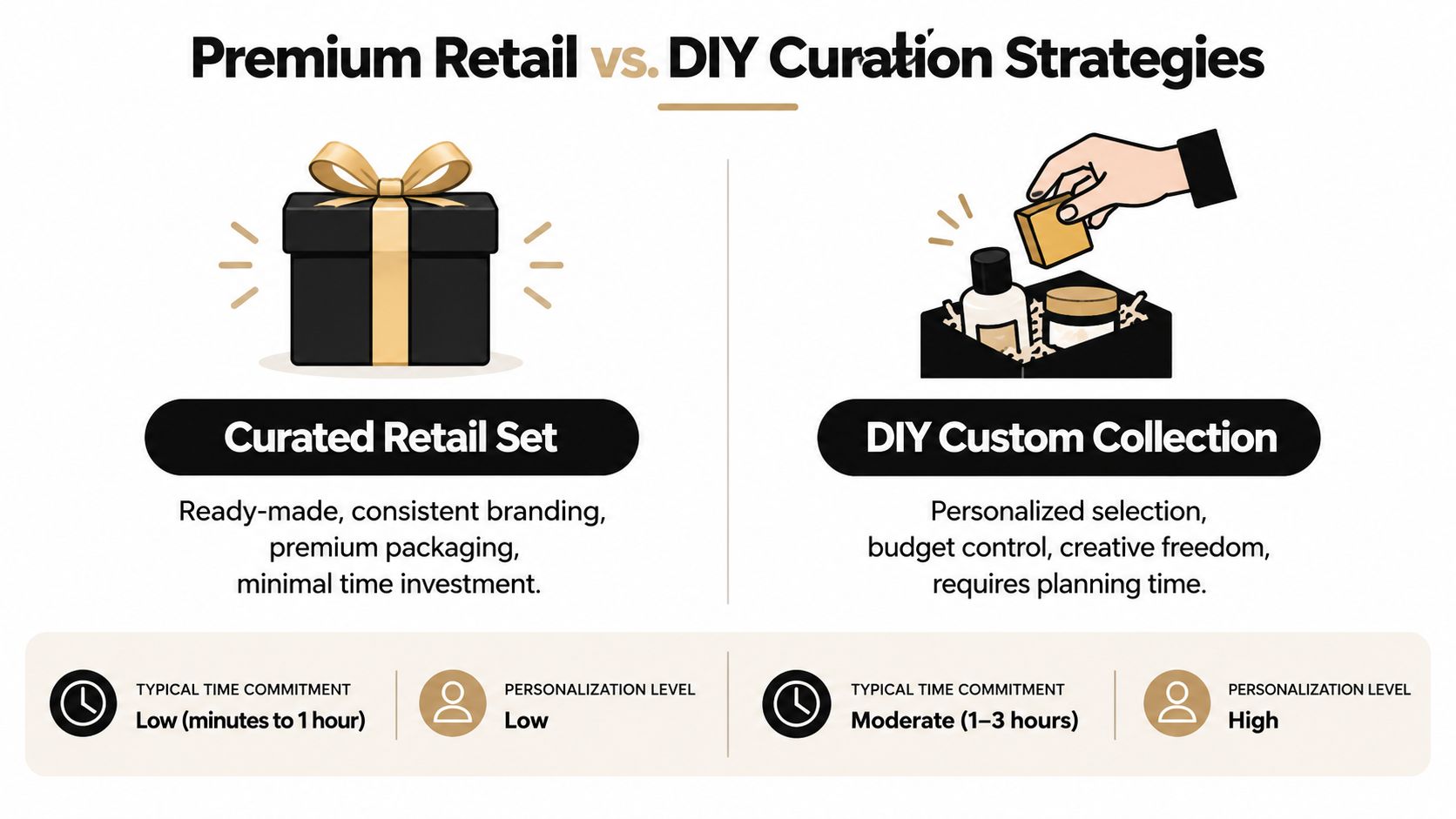 A comparison infographic between Curated Retail Sets and DIY Custom Collections for gift giving strategies.