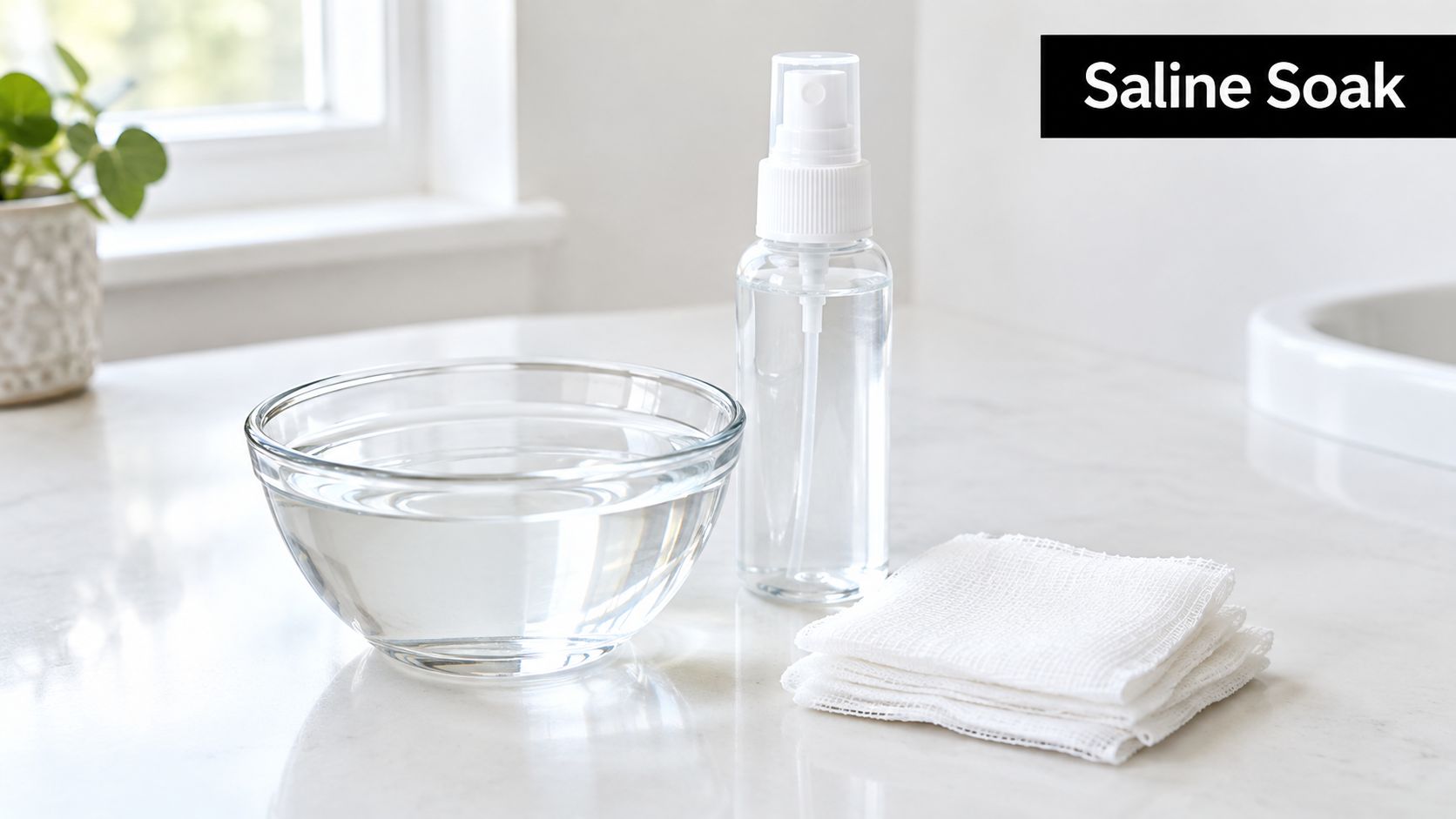 A glass bowl, a spray bottle of saline, and a stack of clean sterile gauze pads.