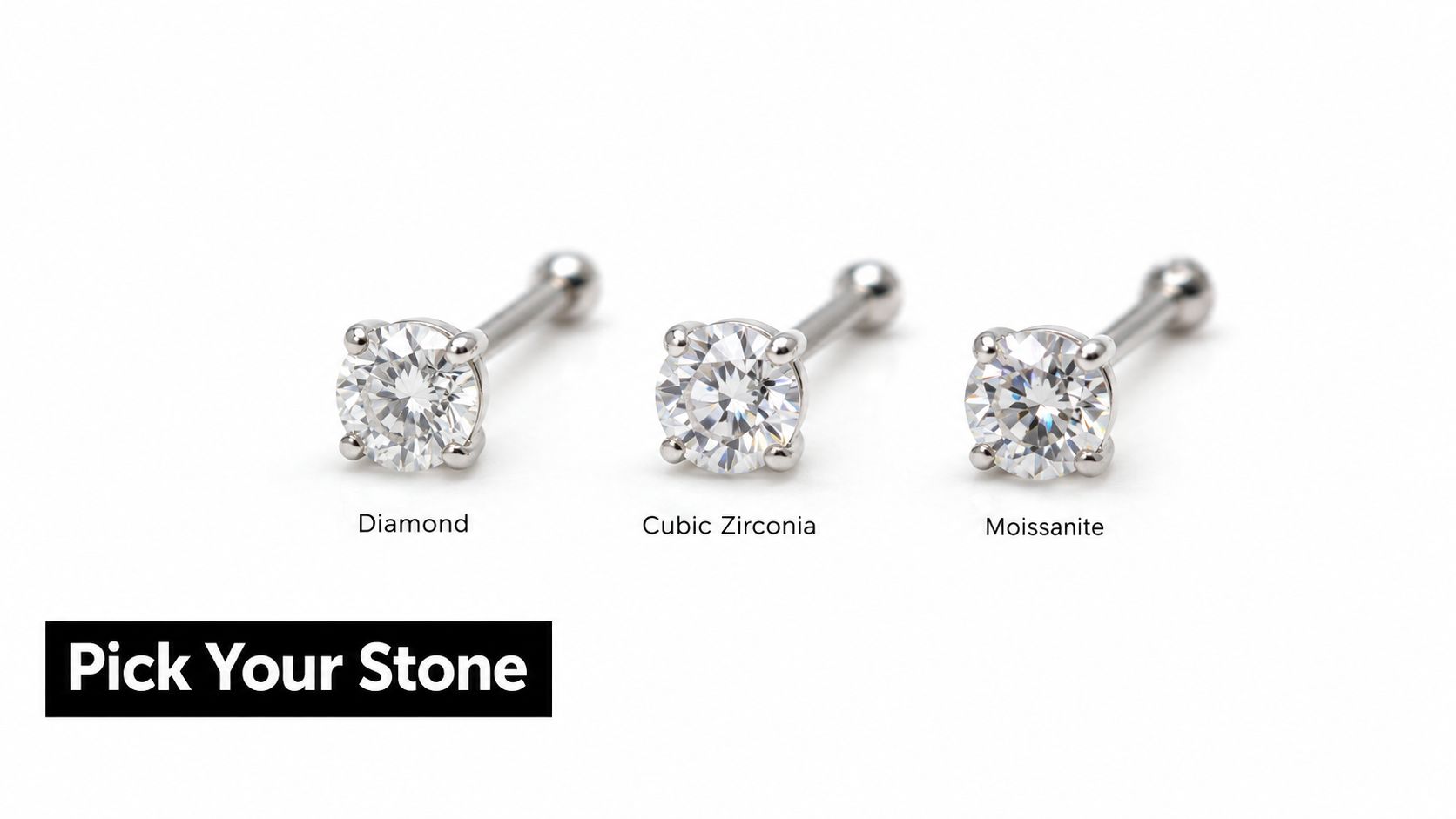 Three different nose stud options displayed side by side: a real diamond, cubic zirconia, and moissanite stone.