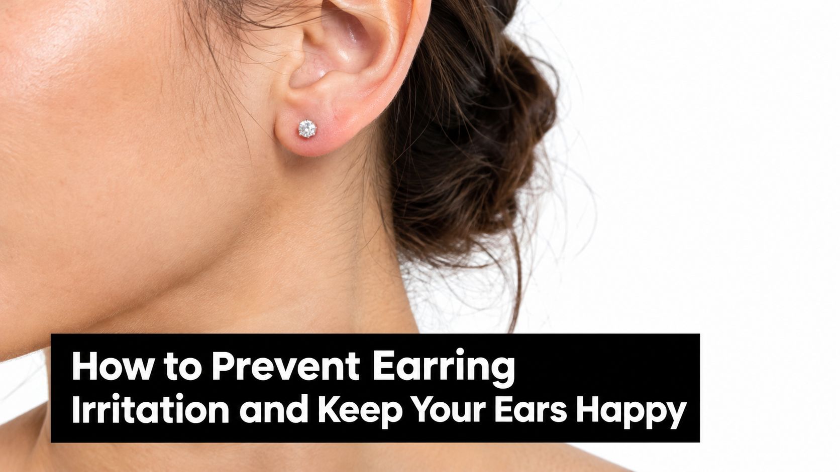 A close-up side view of a person wearing a small diamond stud earring on their earlobe.
