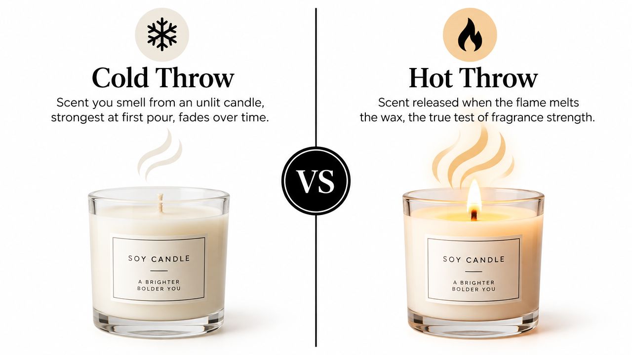 A comparison illustration showing the difference between candle cold throw when unlit and hot throw when burning.