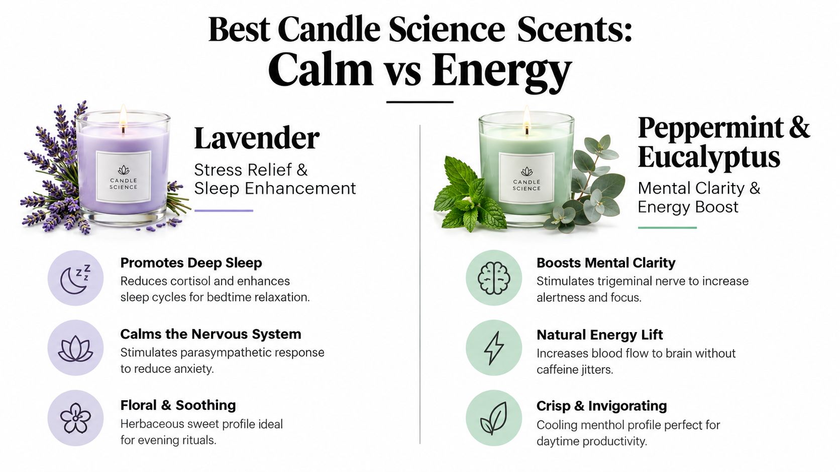 A comparison infographic showing Lavender for relaxation versus Peppermint and Eucalyptus for energy and mental clarity.