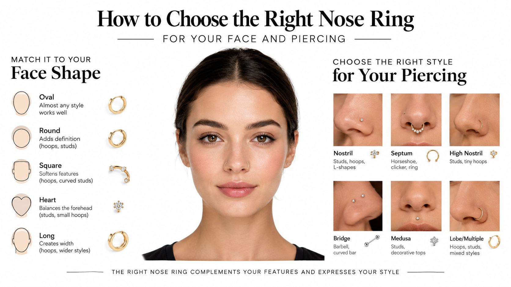 An infographic showing how to choose nose rings based on face shape and piercing location.