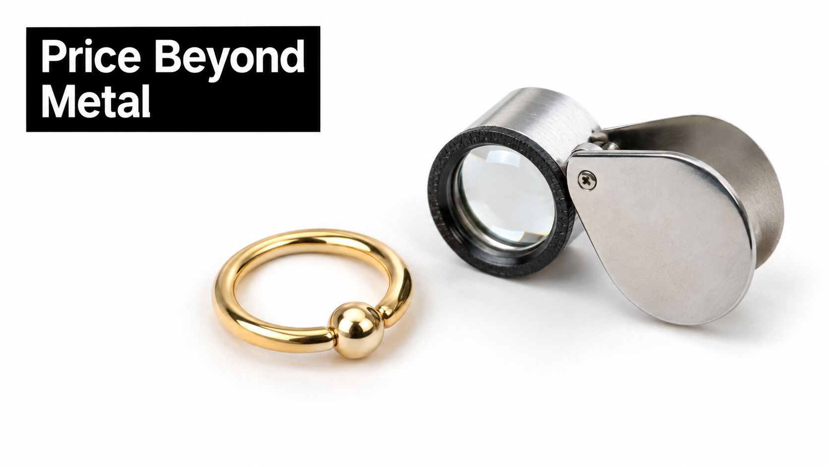 A gold captive bead ring for body piercings sits next to a jeweler's magnifying loupe on white.