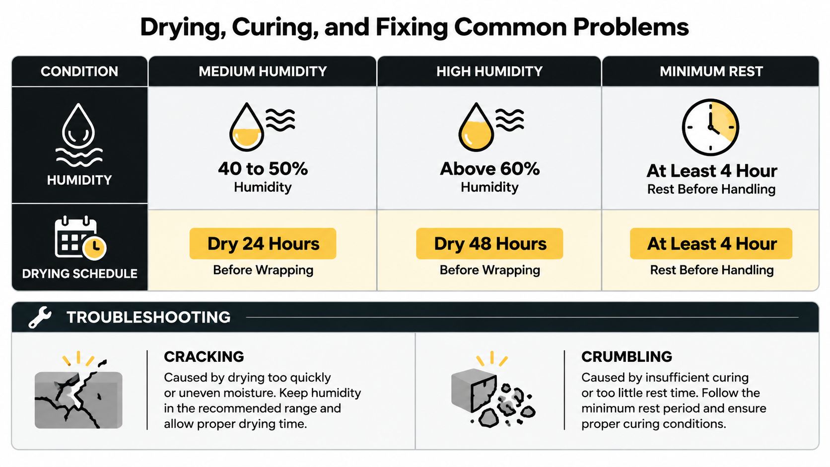 A chart detailing drying and curing instructions for bath bombs based on humidity levels and common problems.