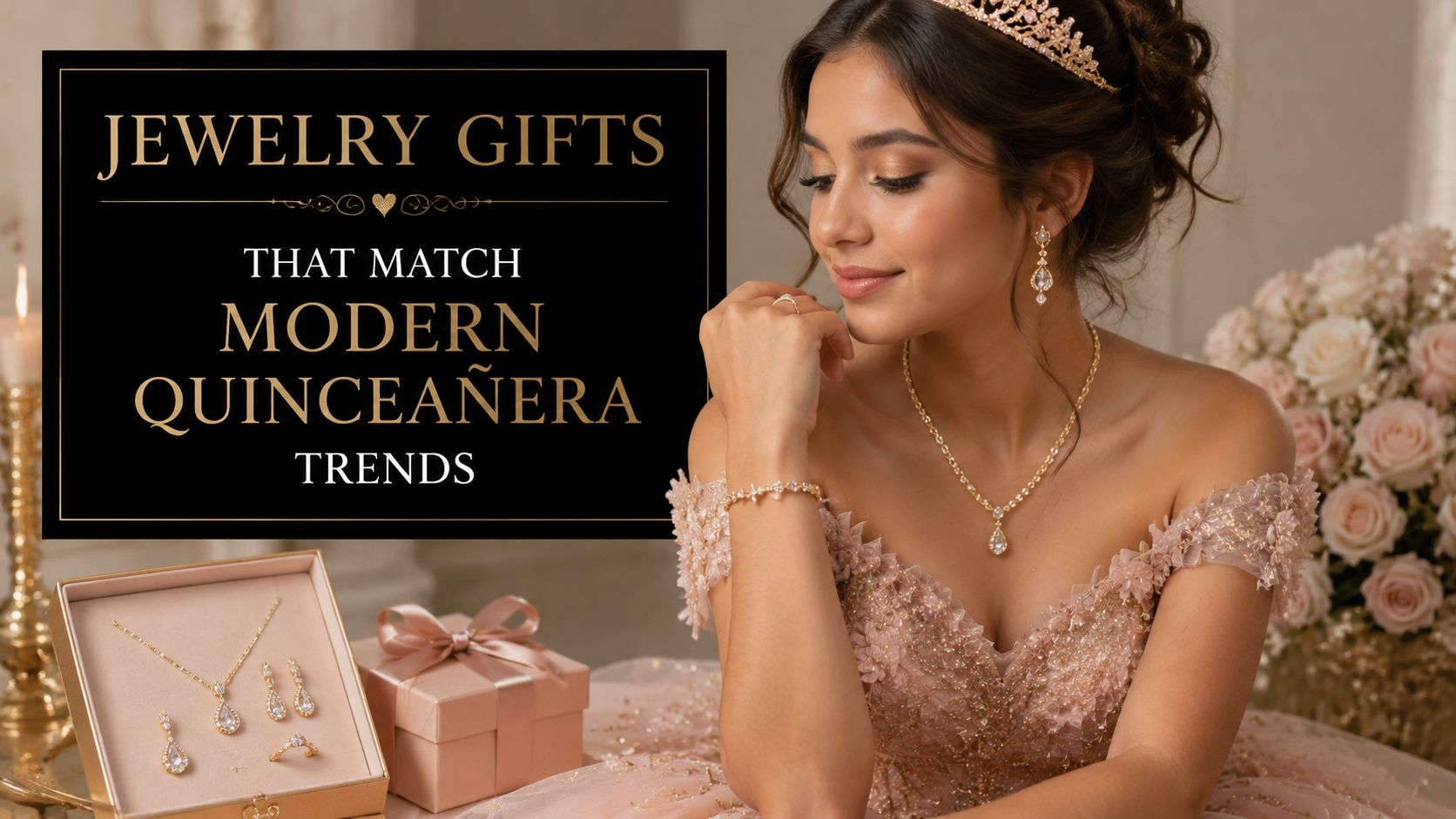 A beautiful young woman wearing elegant jewelry and a formal gown for her Quinceañera celebration photoshoot.