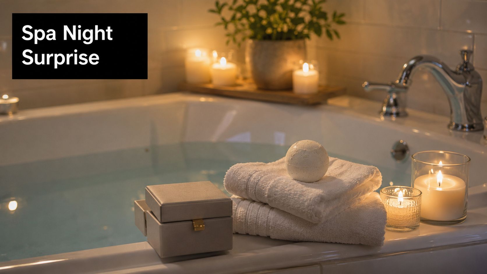 A relaxing bathtub filled with water, decorated with candles, white towels, and a gift box for spa.