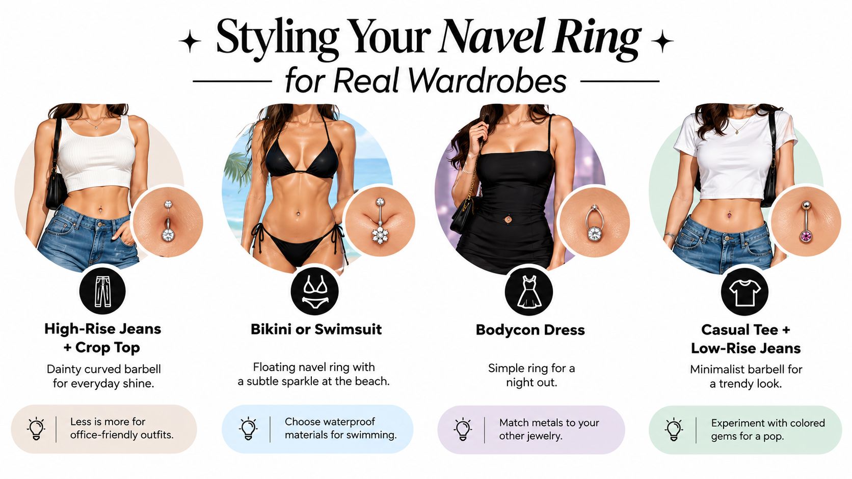 A styling guide showing different belly button rings paired with high-rise jeans, bikinis, dresses, and casual outfits.