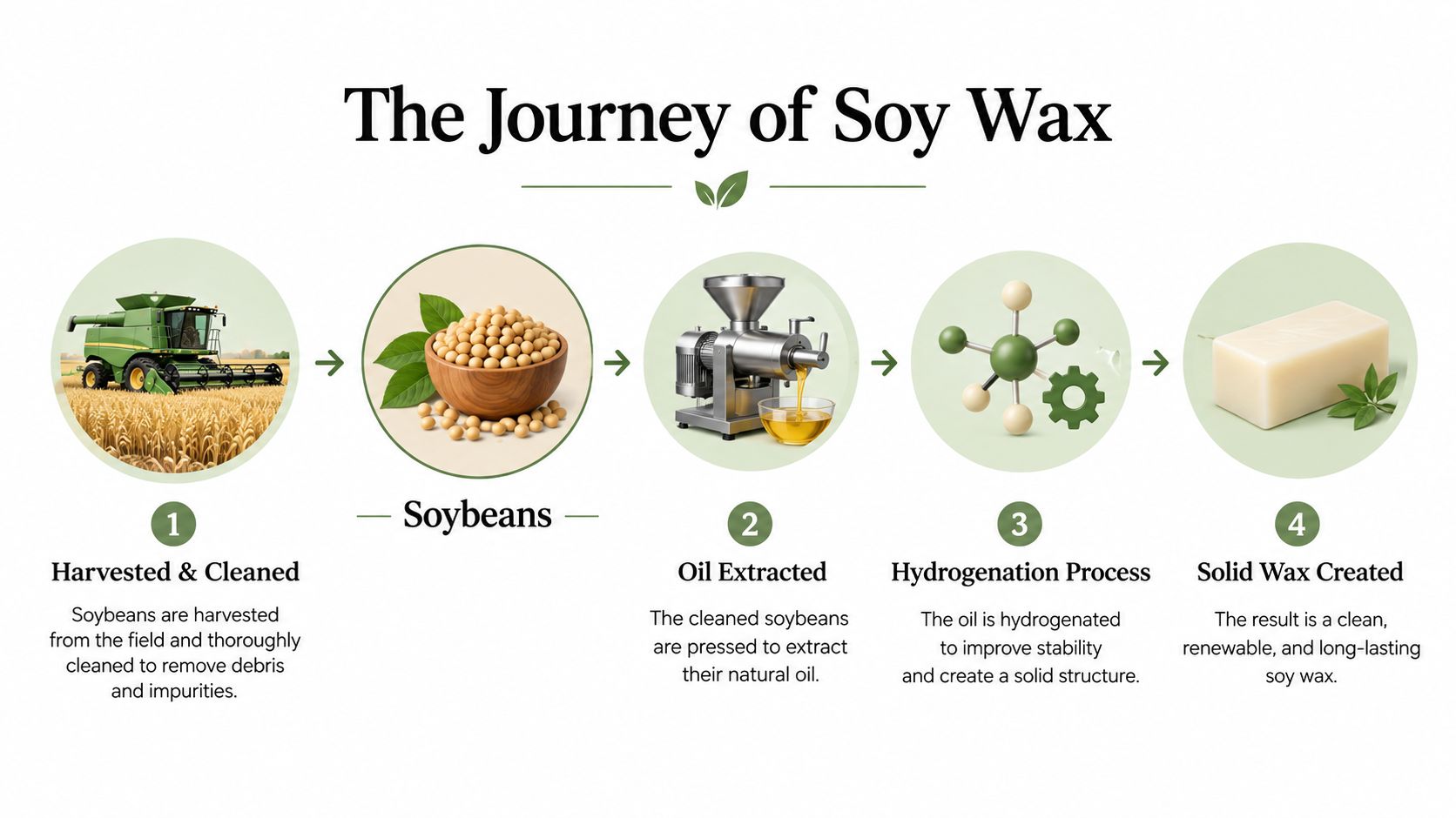An infographic detailing the four-step manufacturing process of soy wax, from harvesting soybeans to creating the final solid product.