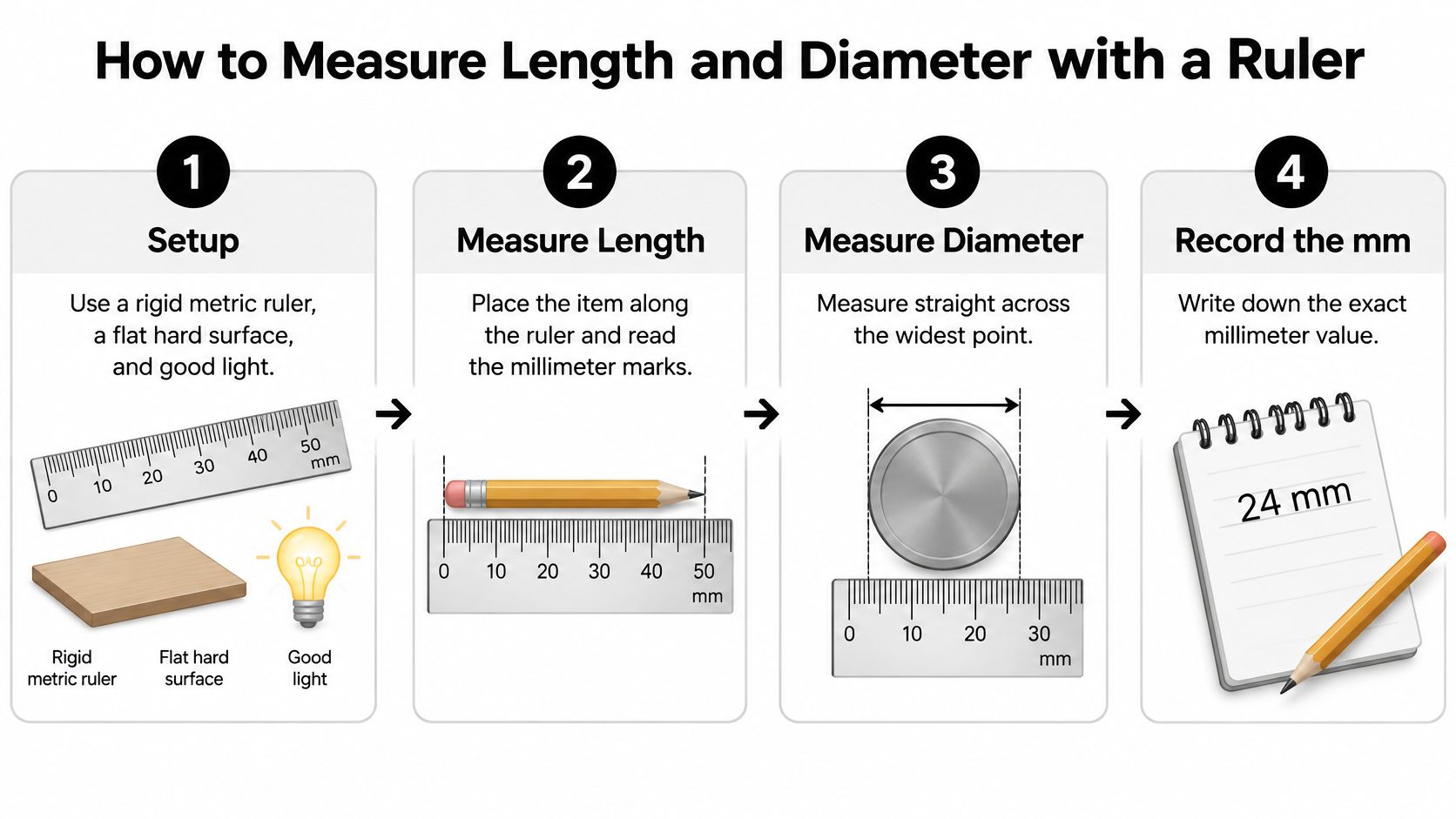 An infographic titled How to Measure Length and Diameter with a Ruler showing a four-step guide.