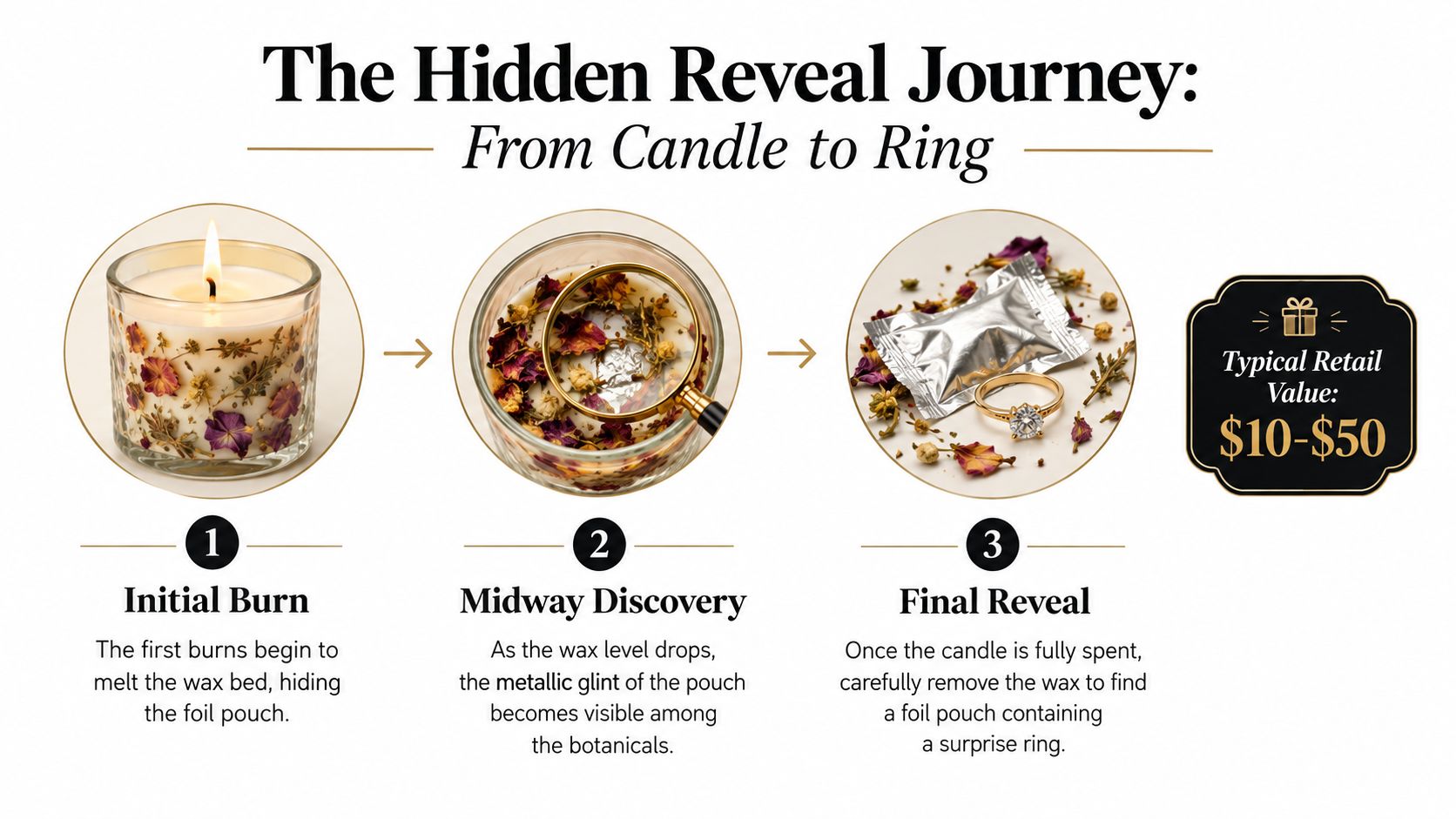 A three-step infographic showing the process of discovering a surprise ring hidden inside a botanical candle.