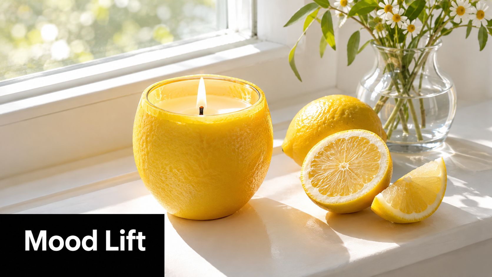 A yellow lemon-shaped candle burning on a windowsill next to a vase of daisies and fresh lemons.