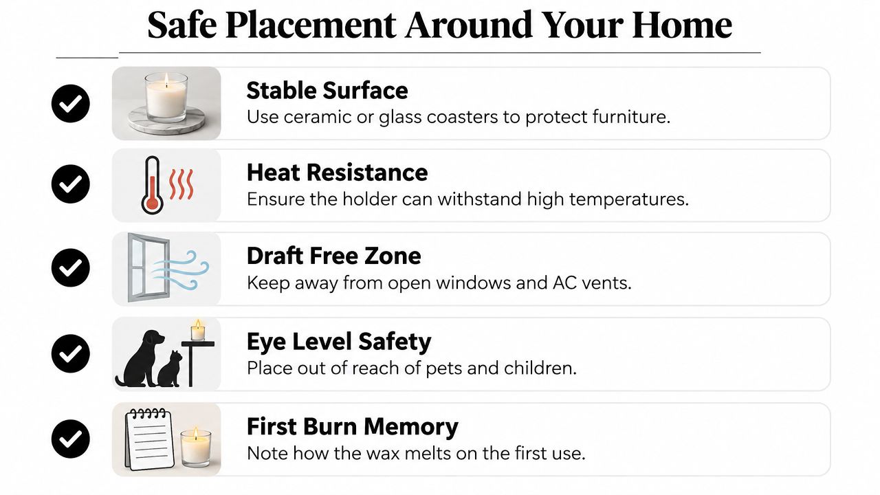An infographic titled Safe Placement Around Your Home with five safety tips for using scented votive candles.