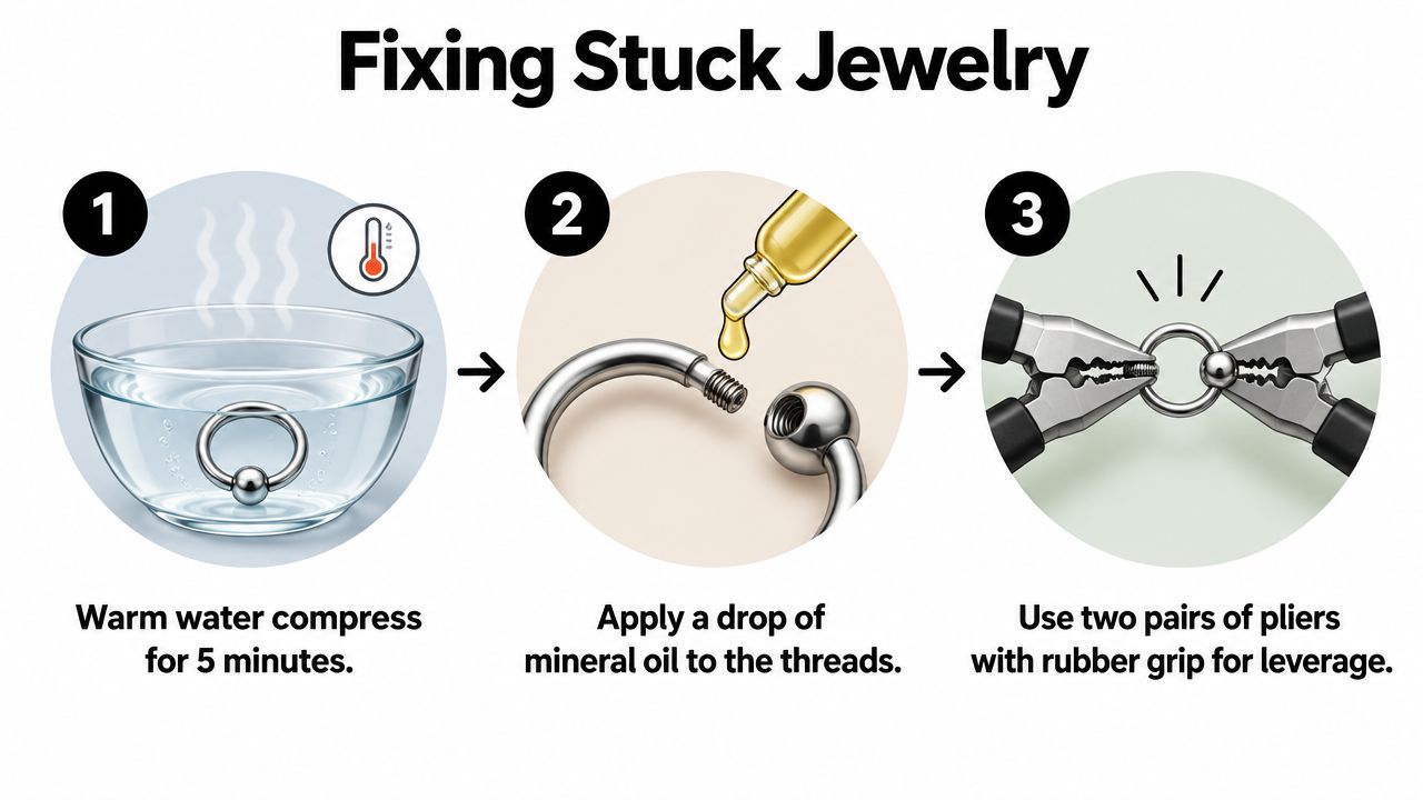 A three-step infographic showing how to fix a stuck belly button ring using warm water and pliers.