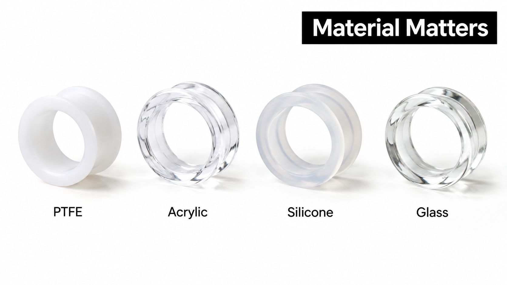 A display of four different circular ear plugs or spacers made from PTFE, acrylic, silicone, and glass materials.