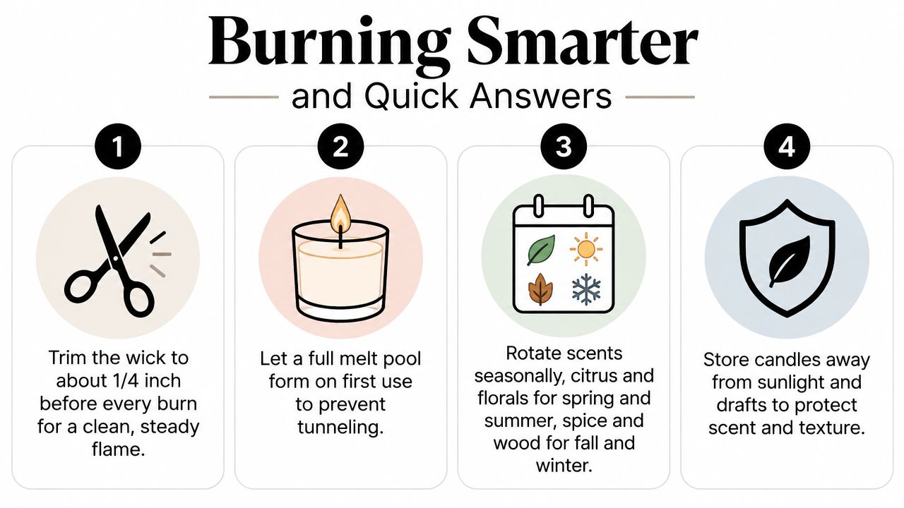 An infographic titled Burning Smarter displaying four numbered steps for properly caring for scented candles at home.