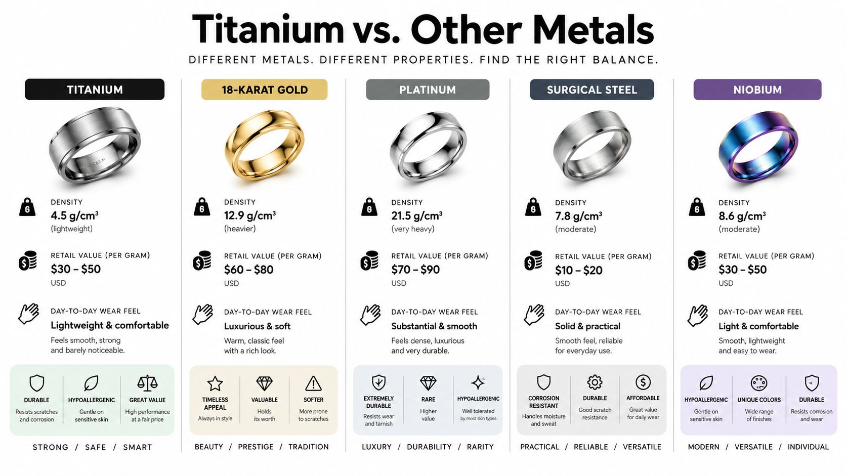 A comparison chart showing properties, value, and characteristics of titanium, gold, platinum, steel, and niobium jewelry.