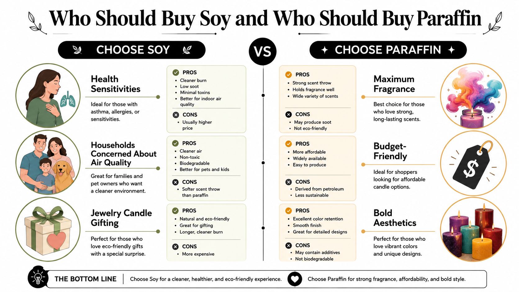 A comparison infographic showing the pros and cons of choosing soy versus paraffin wax candles.