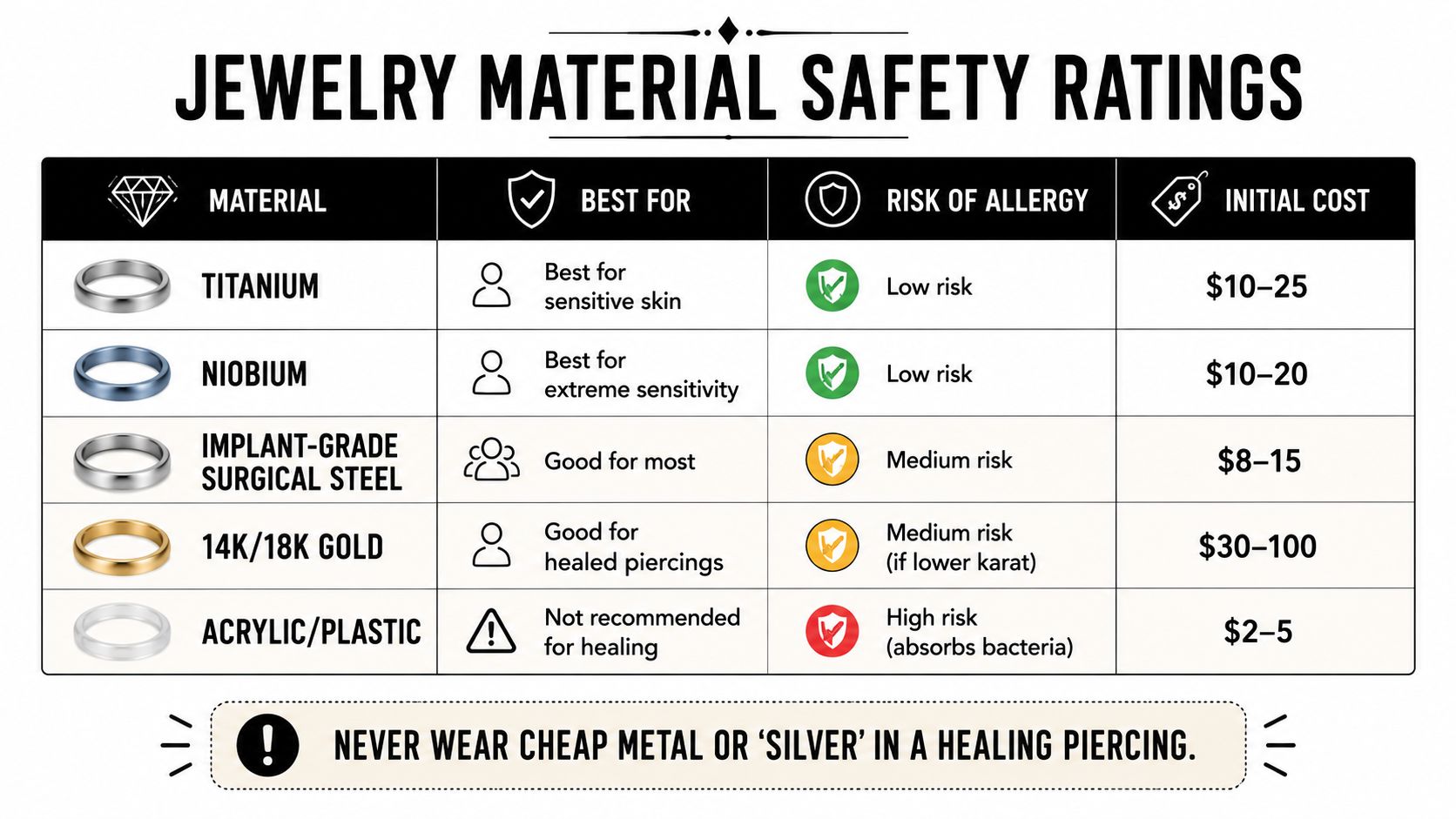 A chart comparing jewelry materials for piercings, detailing safety ratings, allergy risks, and initial costs for each type.