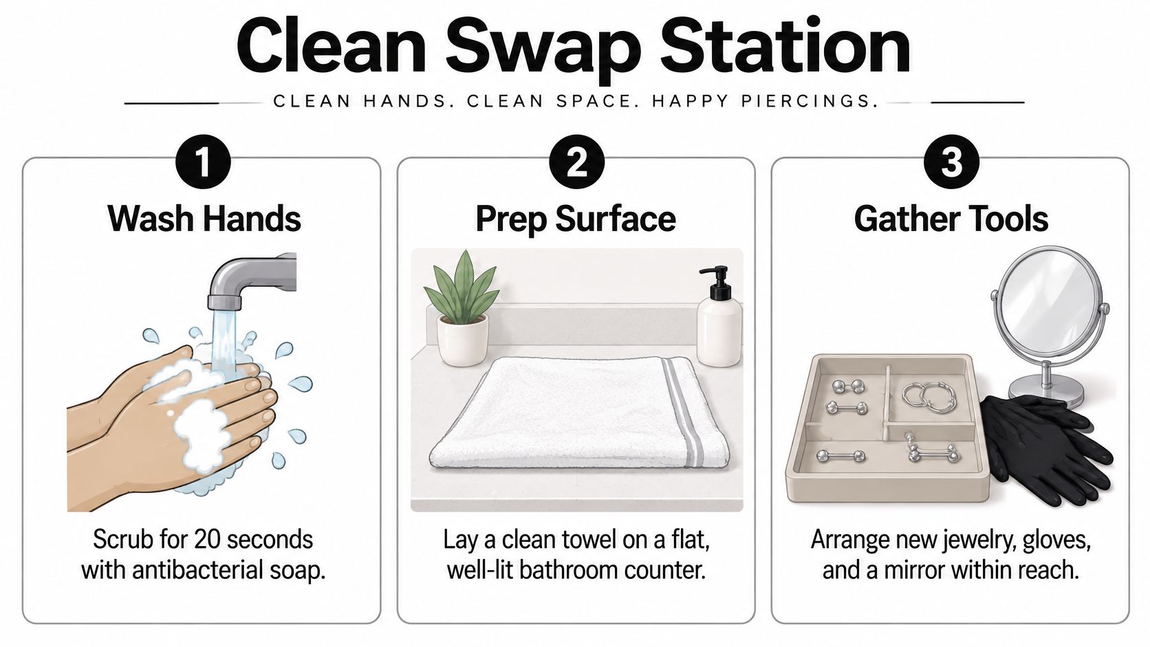 An infographic titled Clean Swap Station showing three steps for safely changing body piercing jewelry.