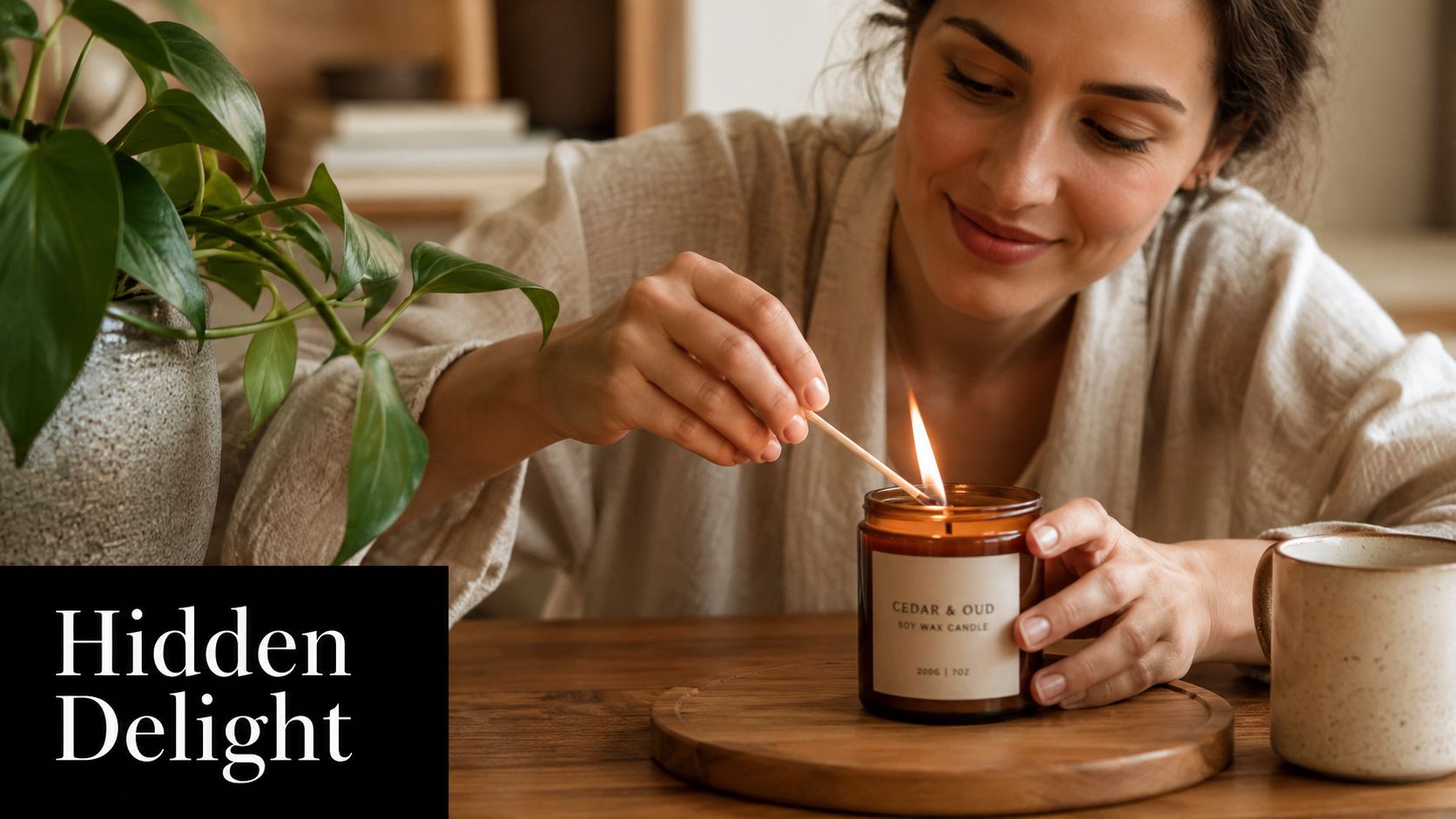A woman lighting a Cedar and Oud soy wax candle on a wooden table with a houseplant.