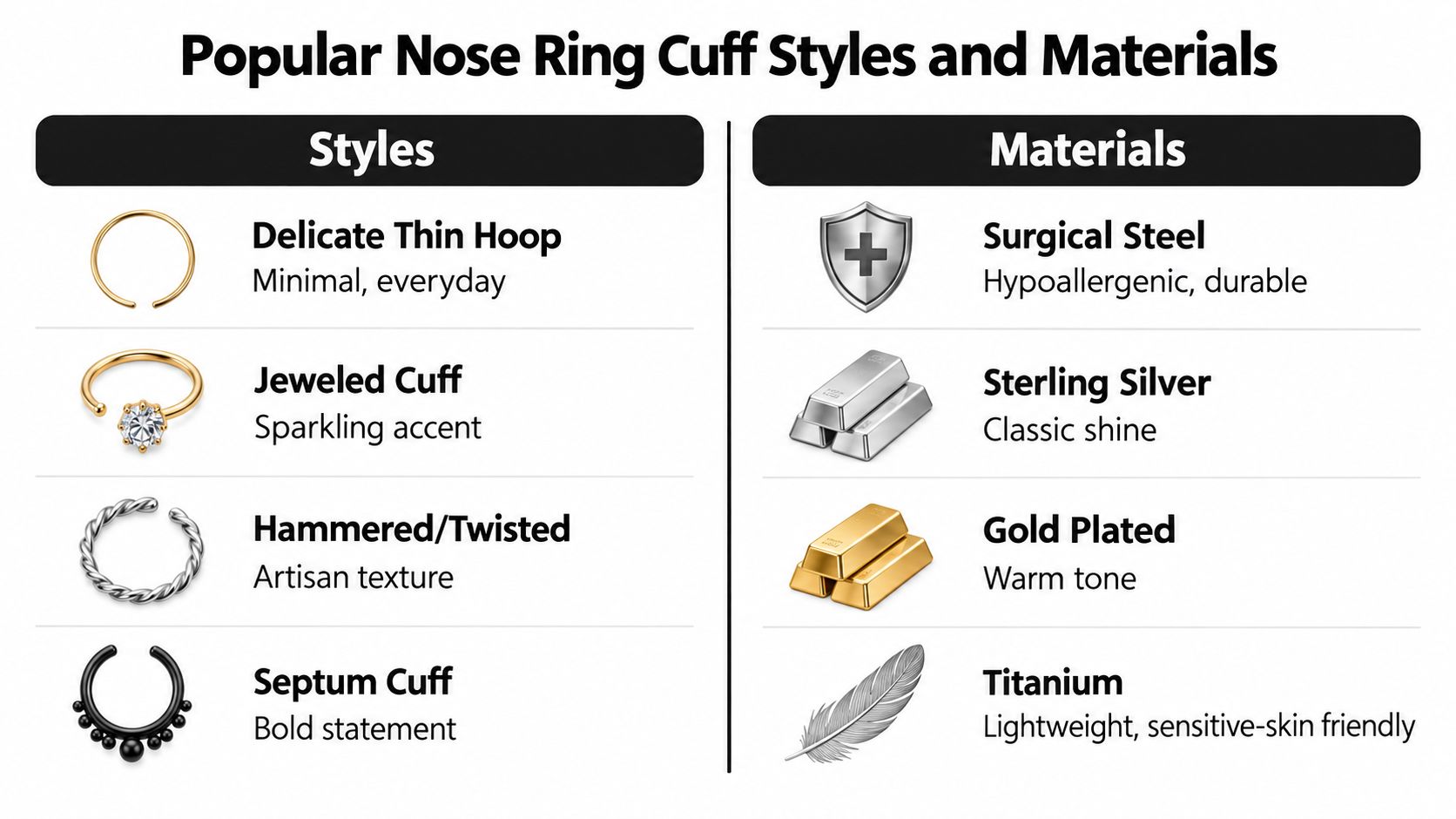 A chart comparing popular nose ring cuff styles such as hoops and jeweled cuffs with common materials.