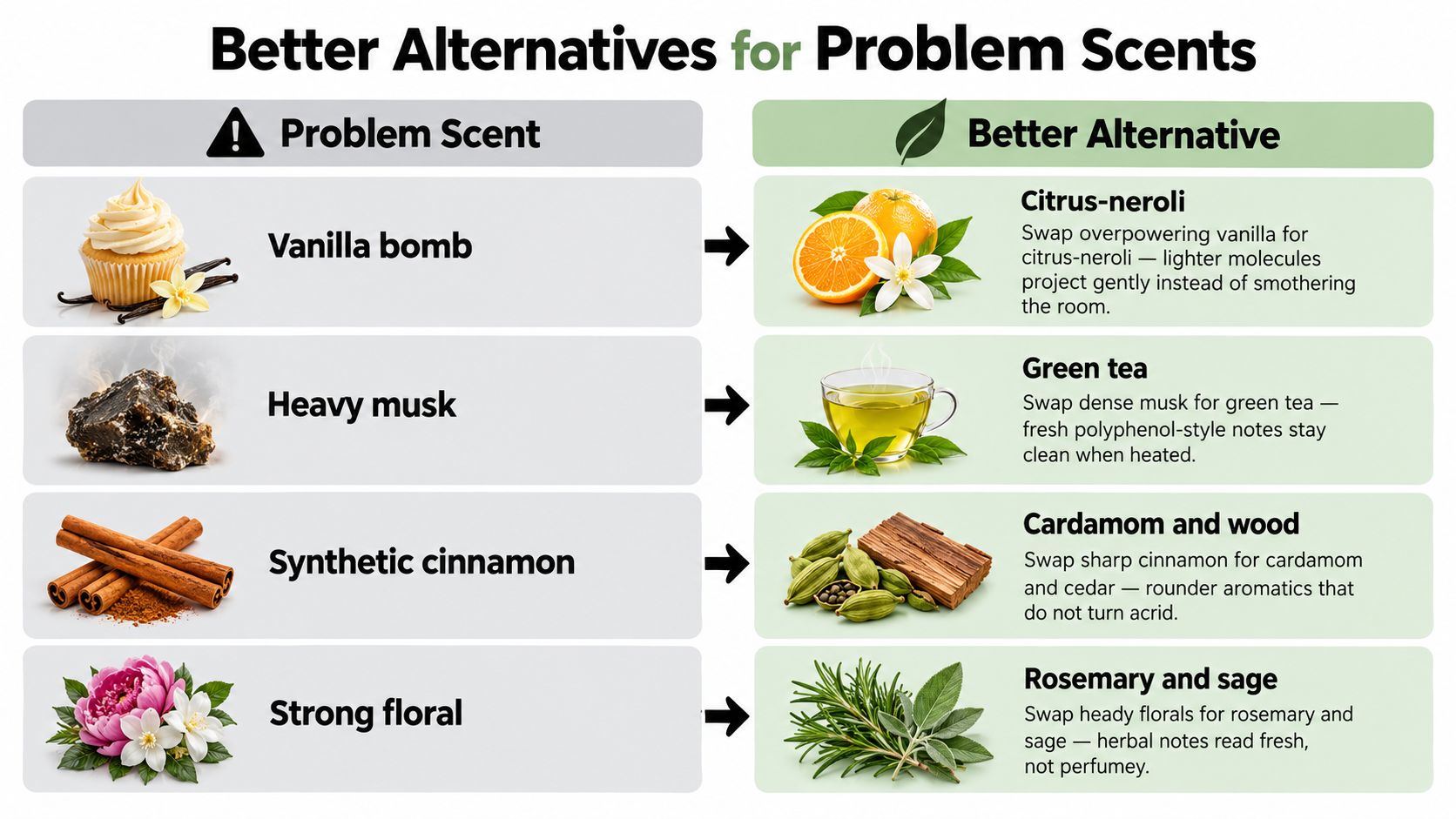 An infographic chart displaying better, lighter scent alternatives to common overpowering fragrance types like heavy musk and vanilla.