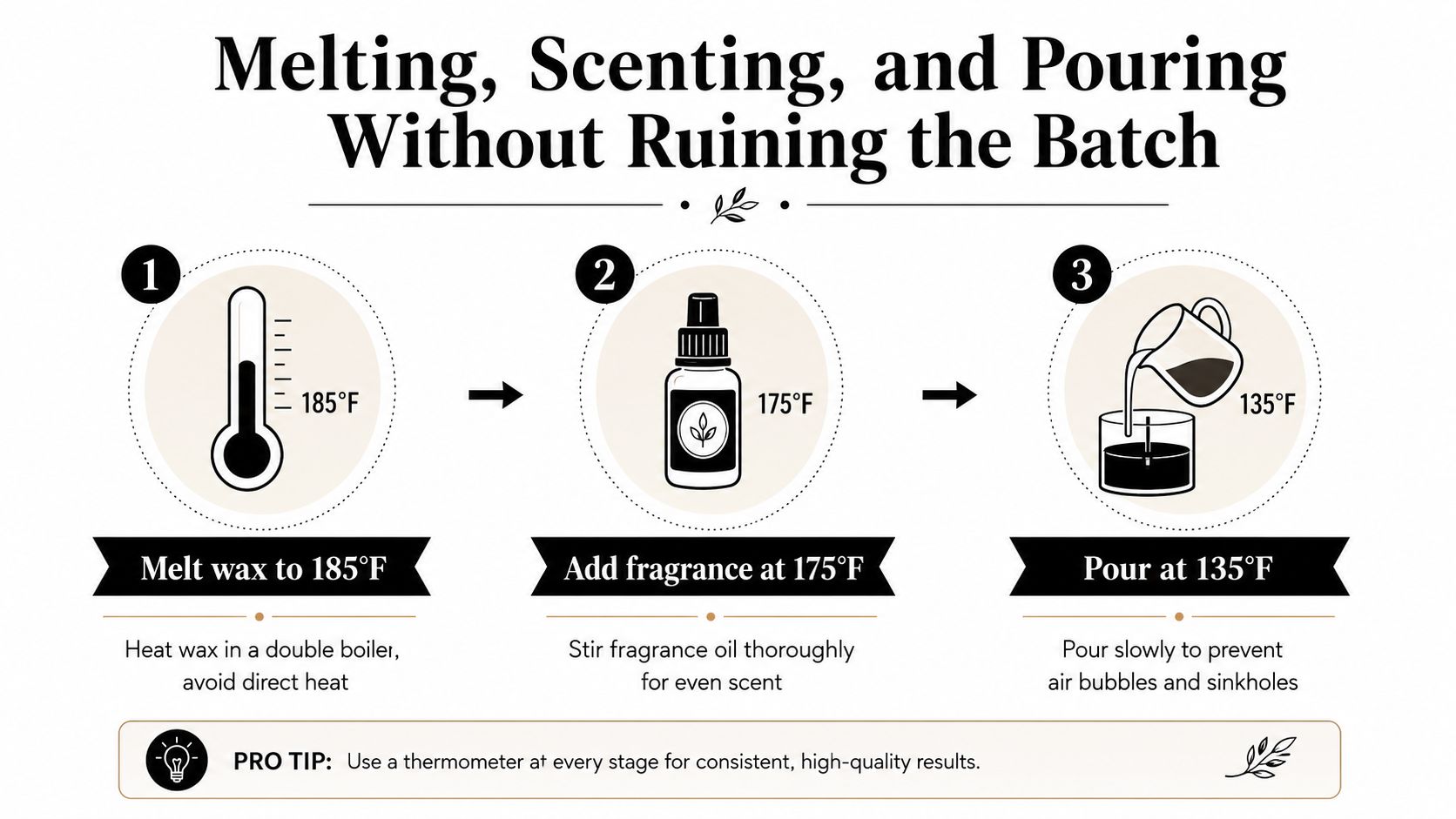 An infographic illustrating the three-step process of melting wax, adding fragrance, and pouring homemade candles safely.