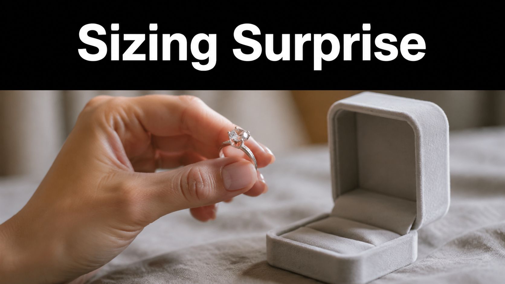 A hand holding a diamond engagement ring next to an open velvet ring box on a surface.