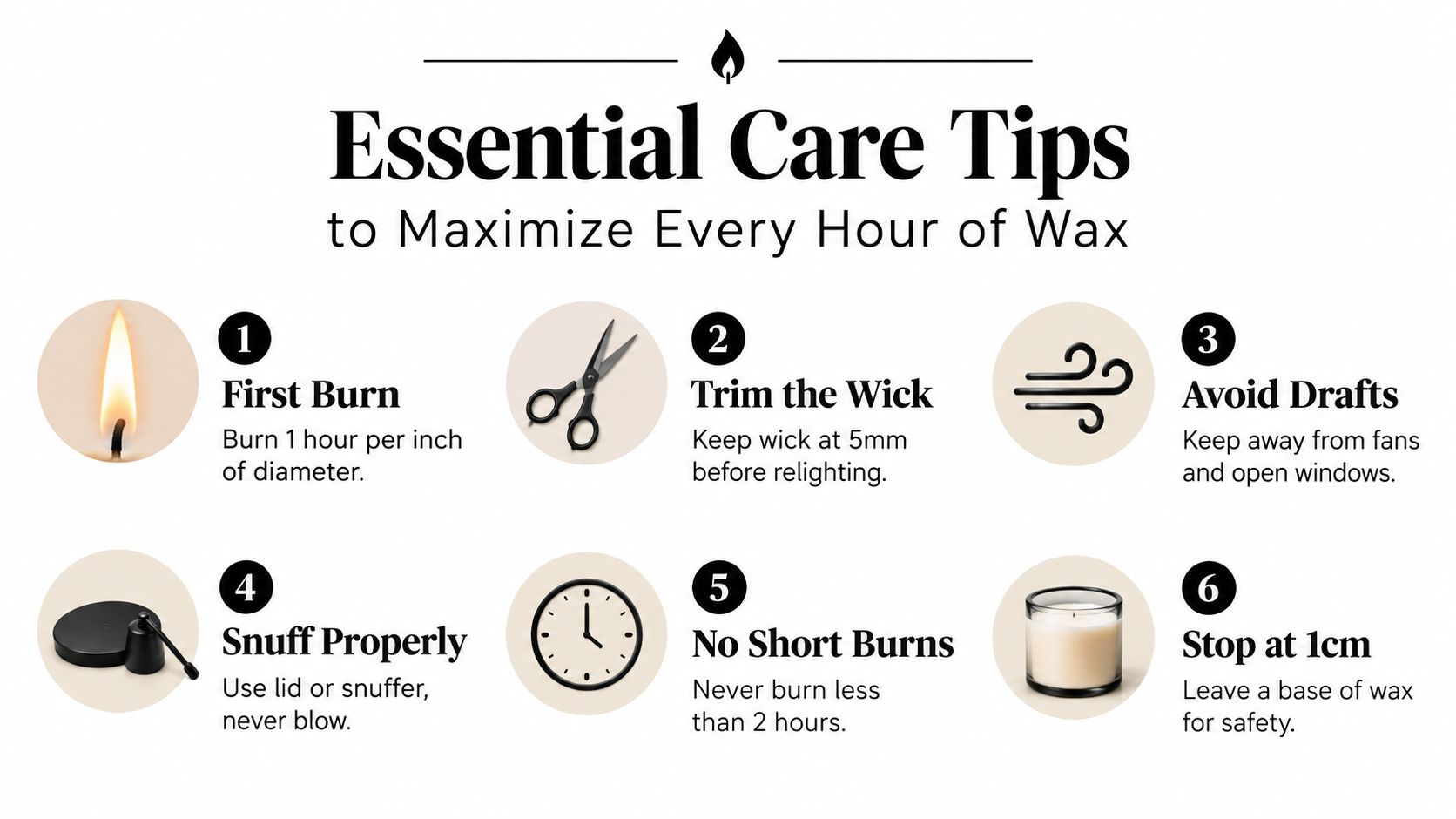 An infographic titled Essential Care Tips displaying six numbered instructions for properly maintaining and burning scented candles.