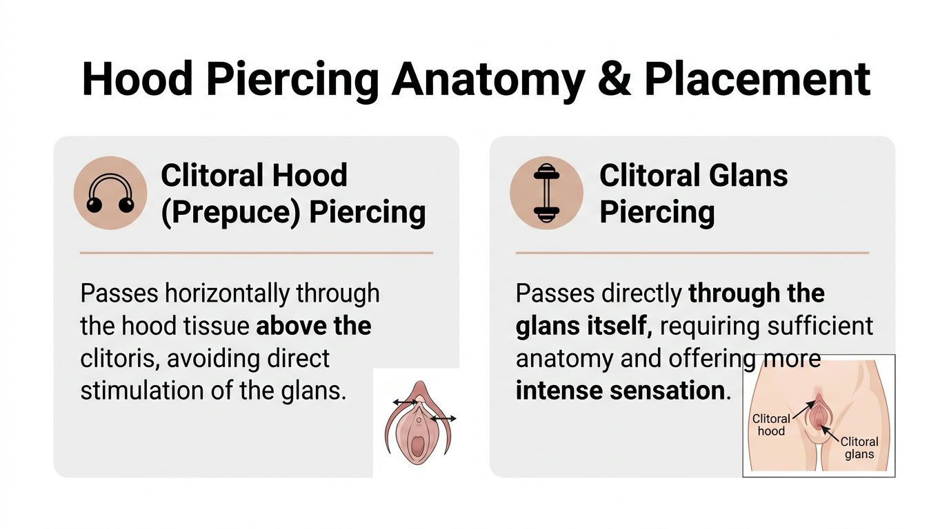 An educational diagram comparing the anatomical placement of clitoral hood piercings versus clitoral glans piercings.