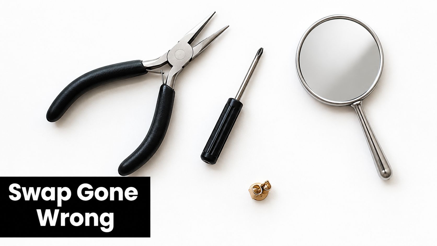 Tools including needle-nose pliers, a small screwdriver, and a handheld mirror laid out for body piercing jewelry.