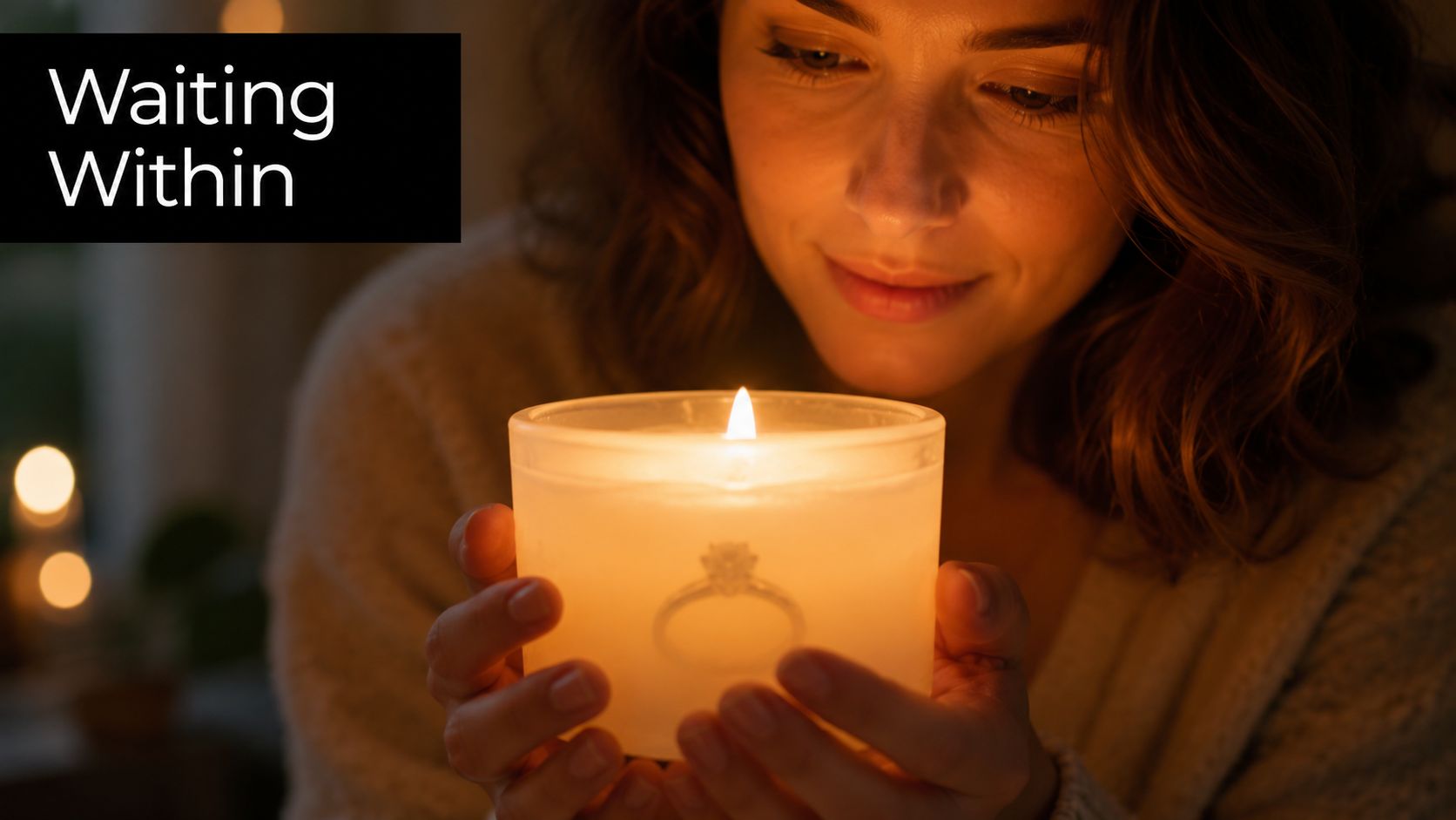 A smiling woman gently holds a lit candle with a visible engagement ring inside the wax.