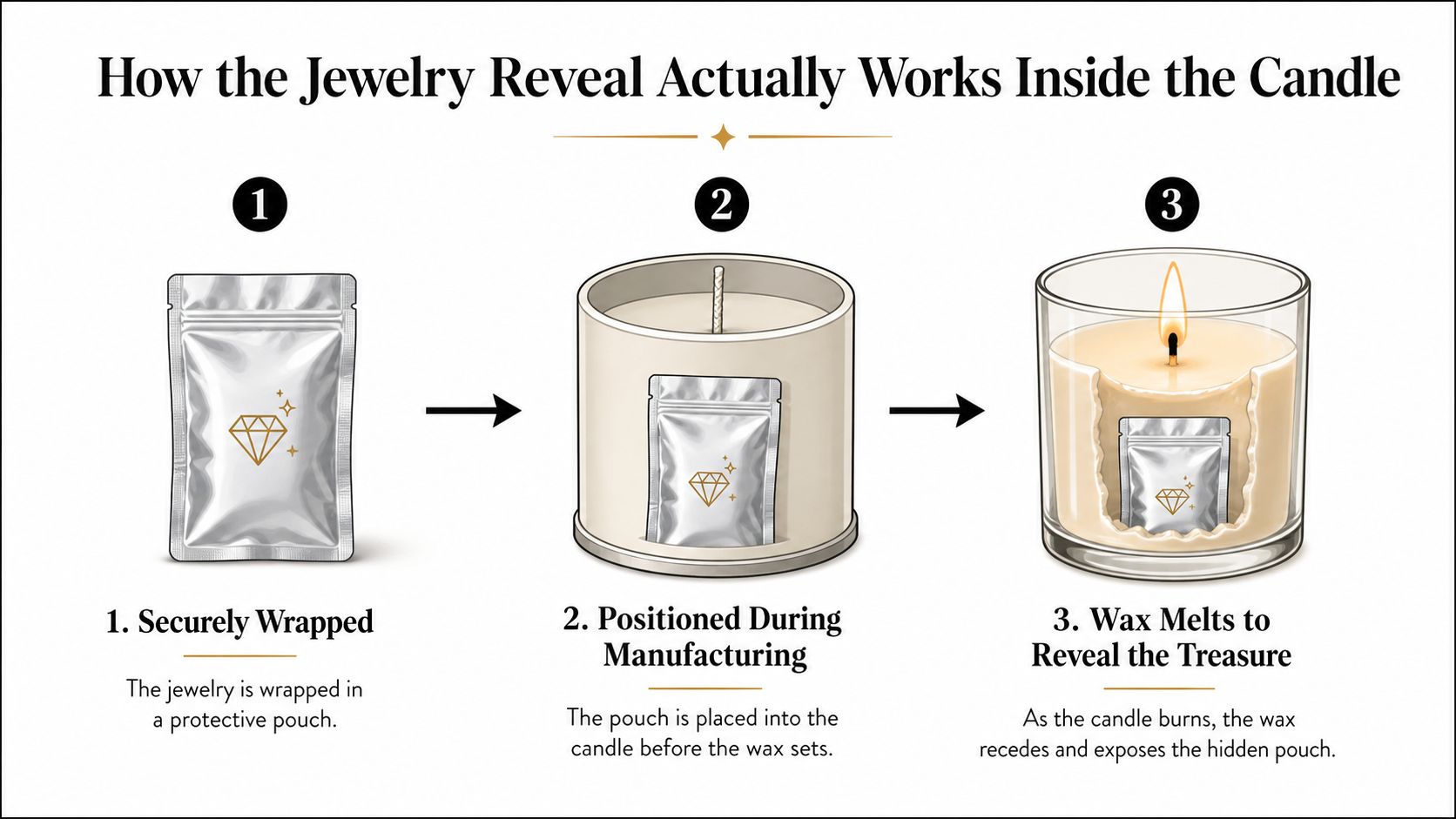 A diagram showing how a piece of jewelry is hidden inside a candle and revealed while burning.