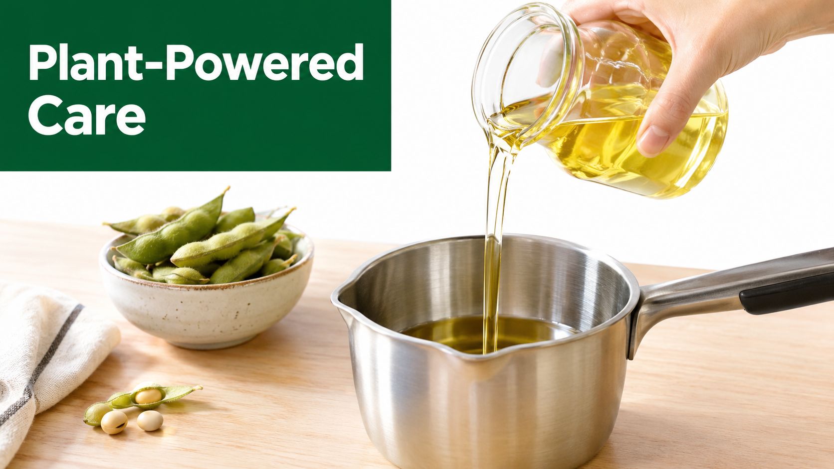 A hand pouring golden soybean oil into a metal pot next to a bowl of edamame.
