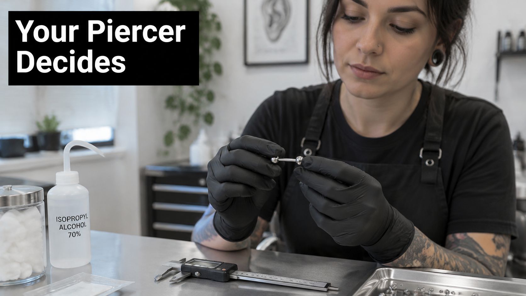 A professional piercer in black gloves inspecting a silver barbell piercing with calipers on a metal table.
