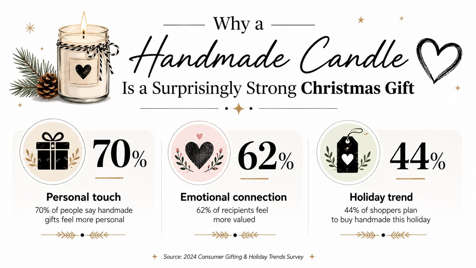 An infographic titled Why a Handmade Candle Is a Surprisingly Strong Christmas Gift featuring gifting statistics.