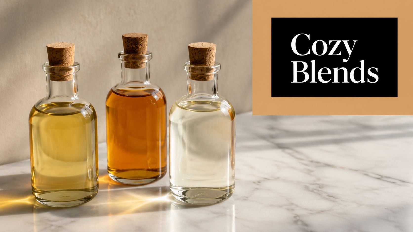 Three glass bottles filled with various essential oils sitting on a white marble surface with warm lighting.